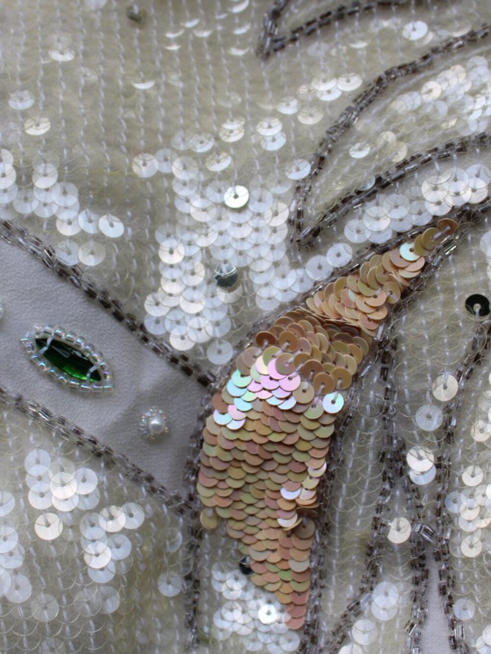Oleg Cassini vintage 80s sequin beaded opalescent silver silk dress top tunic M - Picture 11 of 11